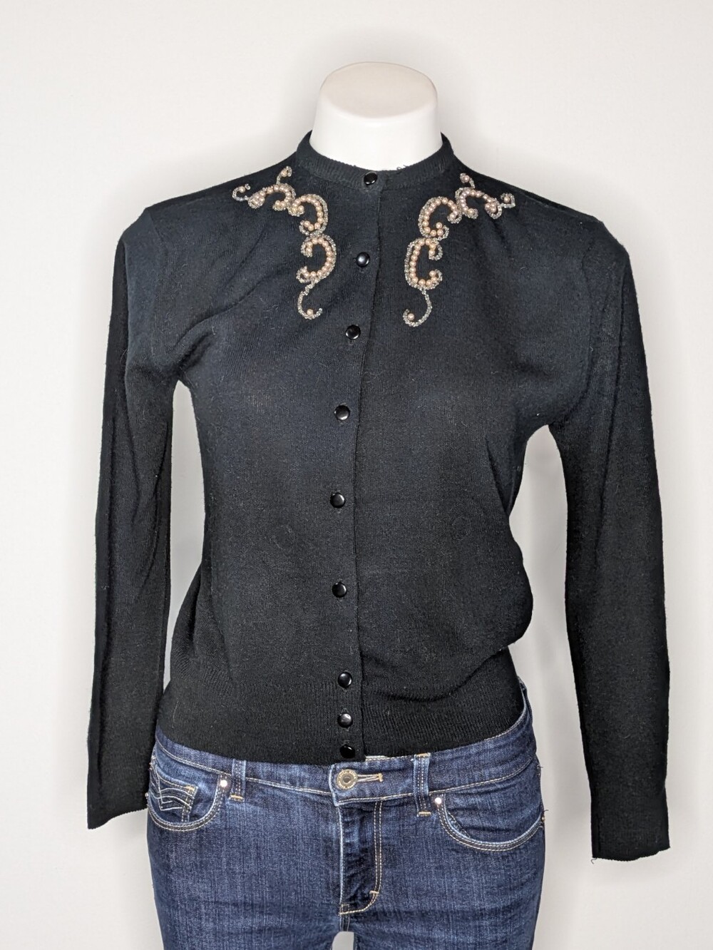 Vintage Jets Black Cream Pearl Bead Button Up Long Sleeve Cardigan Sweater XS/S